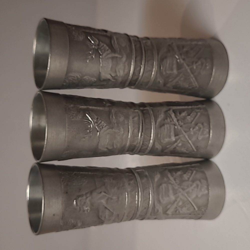 Vintage pewter small size glasses cup 5cm carved hunting motive